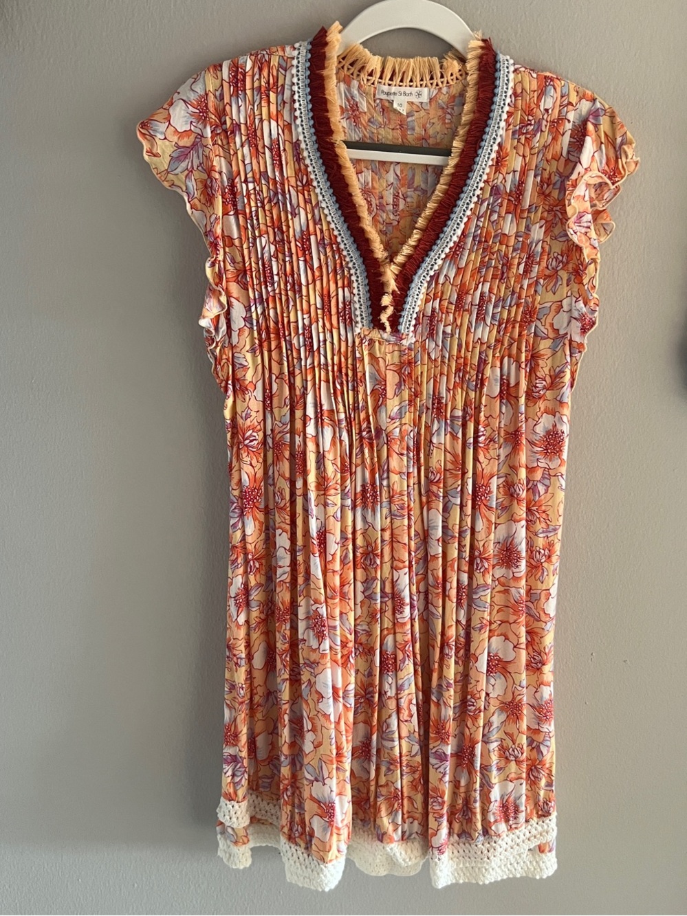 Poupette St. Barth Orange Floral Pleated Mini Dress with Crochet Trim